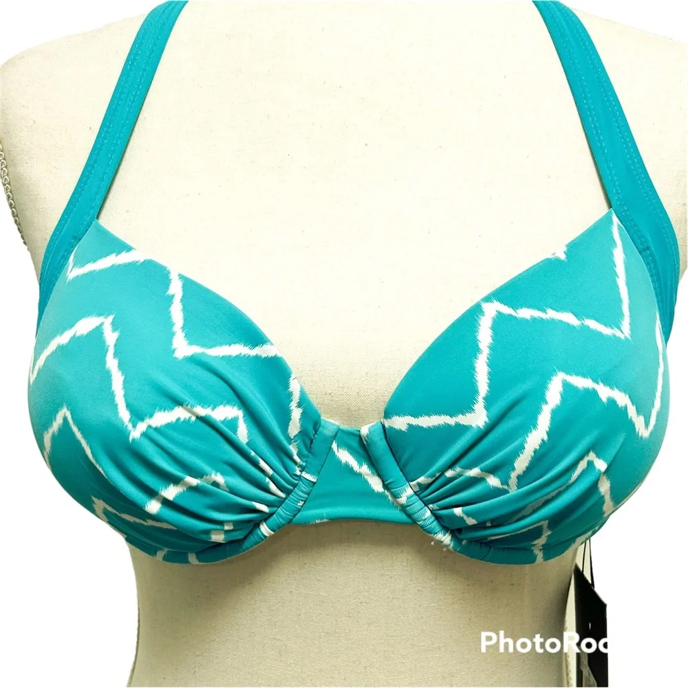 Skye Turquoise Green White Chevron Push Up Halter Underwire Bikini Top NWT Small